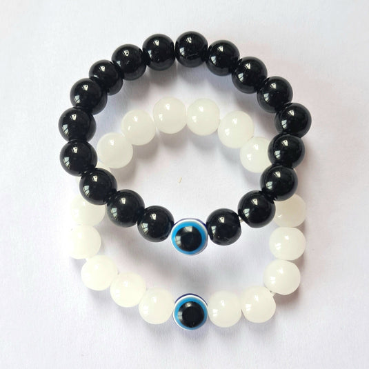 Evil Eye Black and White Glass Beads Bracelet , Stretchable Nazariya Charms 2 Pieces