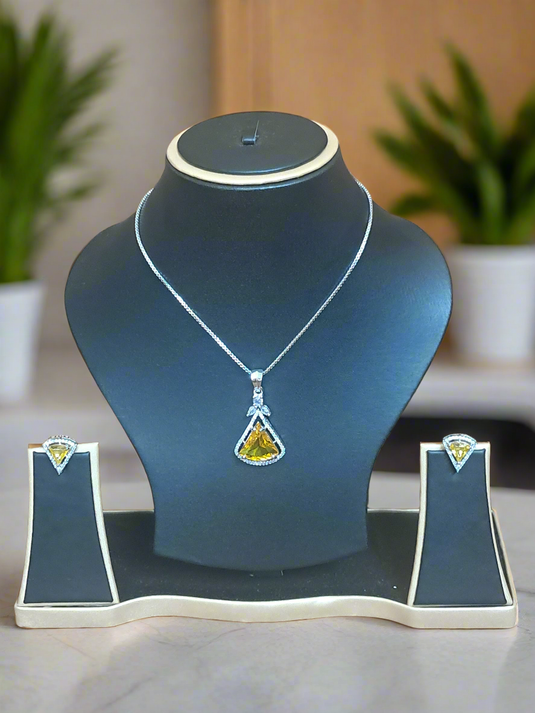 Pendant Set CZ Studded and silver Plated chain Aqua yellow