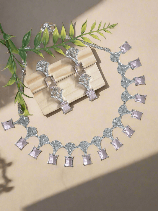 Silver Plated American Diamond Necklace Sets With Aqua Pink Stone - Garimas