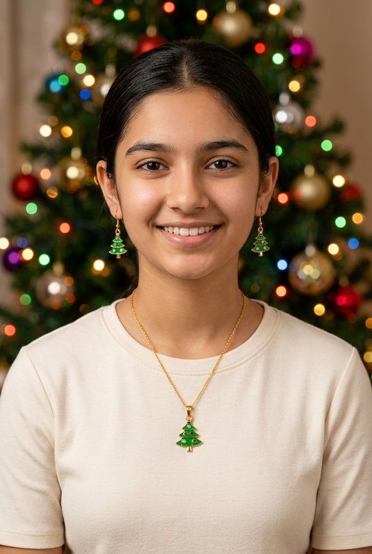 GARIMAS Green Christmas Tree Necklace and Multicolour Stone Earrings Set