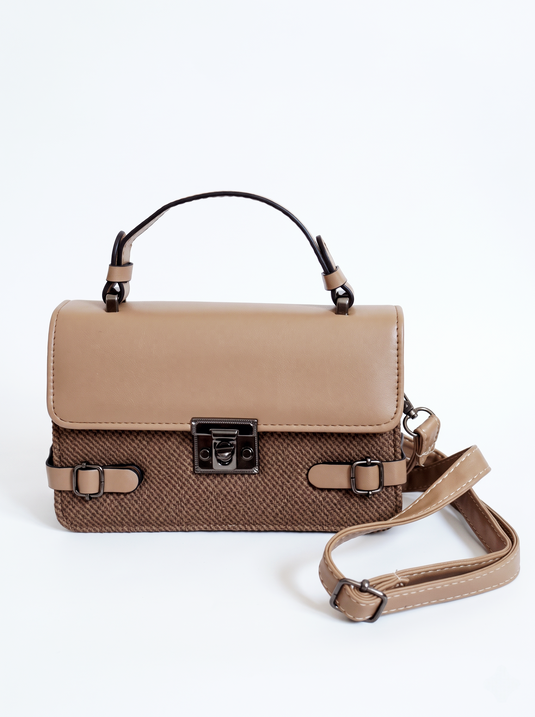 GARIMAS taupe brown faux leather satchel handbag on a matte white background