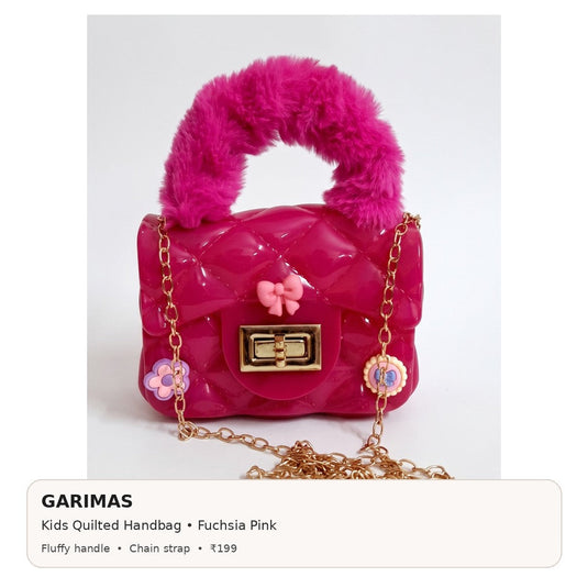 GARIMAS fuchsia pink kids handbag infographic with colour, key features and ₹199 price