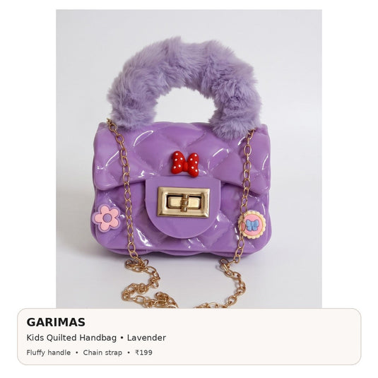 GARIMAS lavender kids handbag infographic with colour, key features and ₹199 price