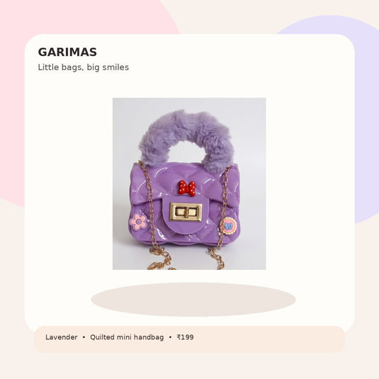 GARIMAS lavender kids handbag on a playful pastel lifestyle-style promotional background
