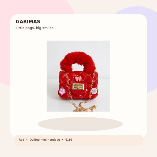 GARIMAS red kids handbag on a playful pastel lifestyle-style promotional background