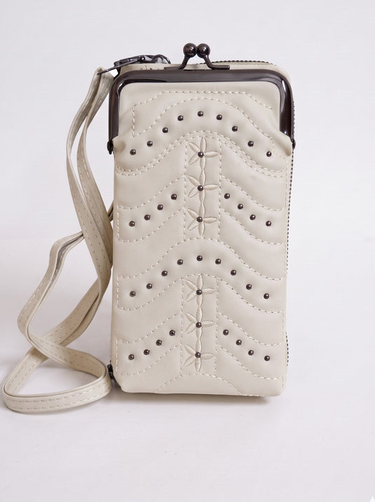 GARIMAS Ivory faux leather crossbody sling bag with kiss-lock mobile pouch