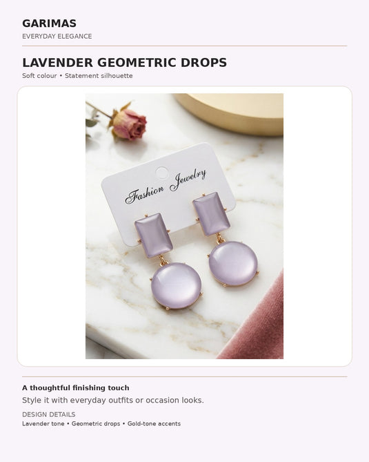 GARIMAS infographic showing lavender purple geometric drop earrings with round drops and gold-tone accents