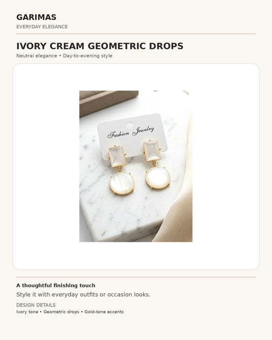 GARIMAS infographic showing ivory cream geometric drop earrings with round drops and gold-tone accents