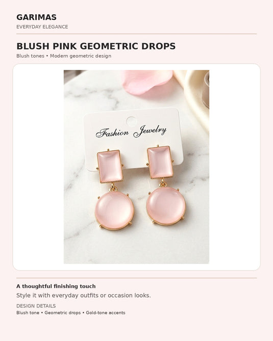 GARIMAS infographic showing blush pink geometric drop earrings with round drops and gold-tone accents