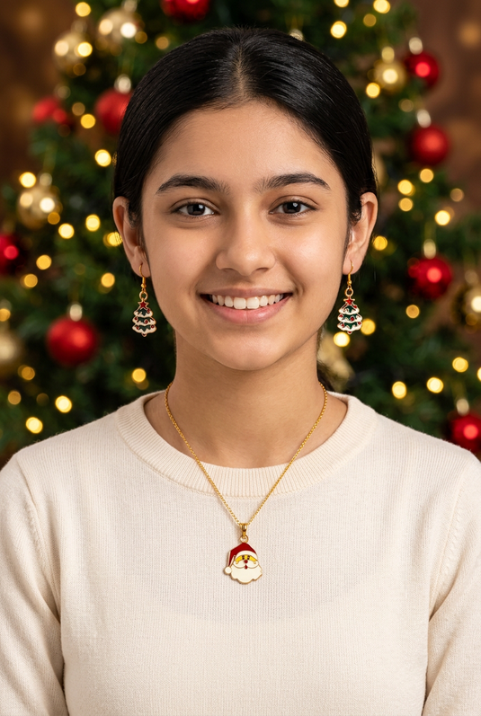 GARIMAS Santa Pendant Necklace and Red Star Christmas Tree Earrings Set