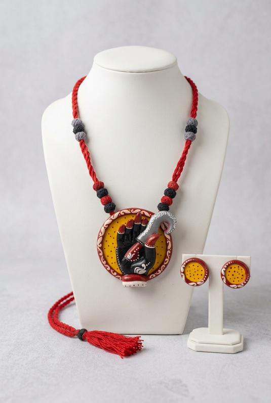 Hand motif jewellery on white mannequin