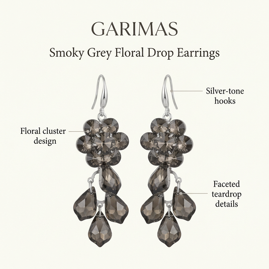 Infographic highlighting floral clusters, faceted teardrop details and silver-tone hooks on smoky grey earrings