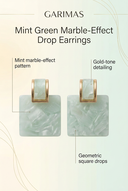 GARIMAS mint green square drop earrings infographic showing the marble-effect pattern and gold-tone tops.