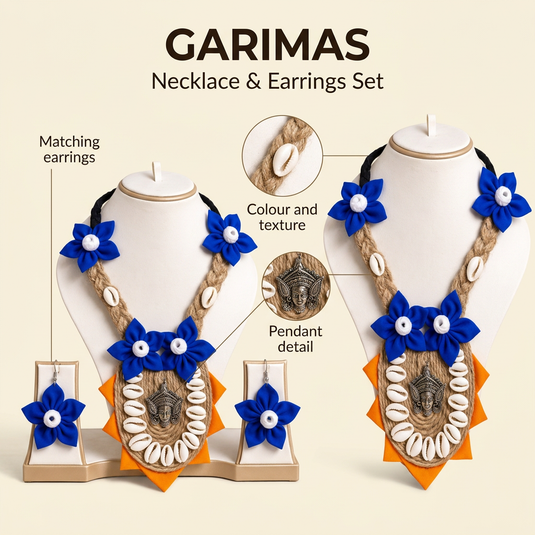 GARIMAS blue floral necklace and earrings set detail infographic