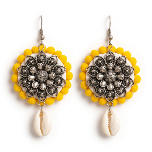 GARIMAS Yellow Bead Traditional Necklace Set with Silver Tone Pendant