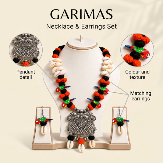 GARIMAS bird charm necklace and earrings set detail infographic
