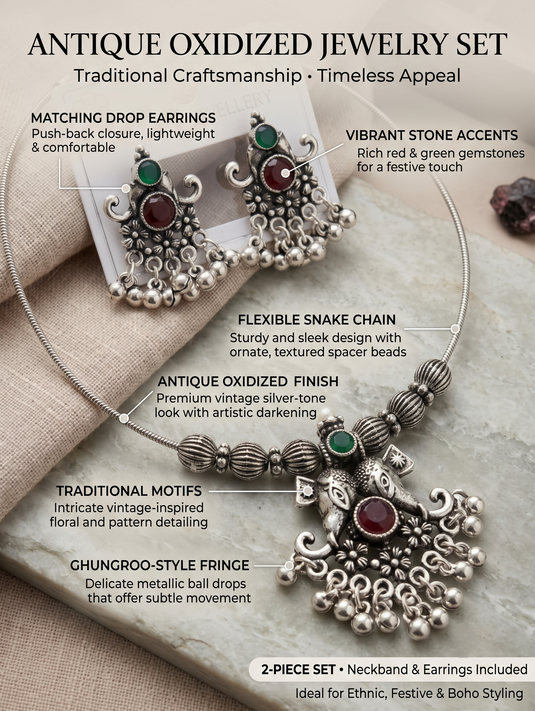 Antique Oxidized Necklace & Earring Set Red & Green Stones – product image | Garimas