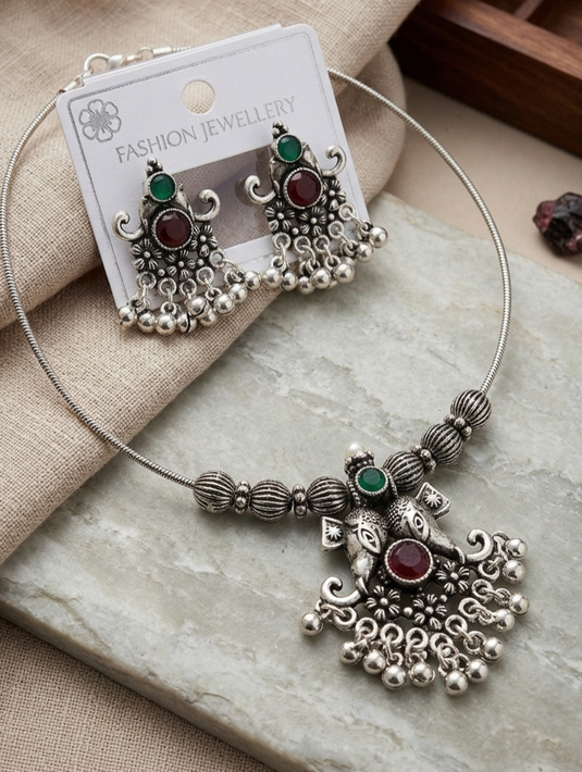Antique Oxidized Necklace & Earring Set Red & Green Stones – product image | Garimas