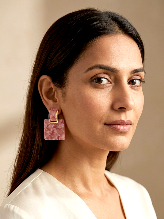 Pink Marble-Effect Square Drop Earrings
