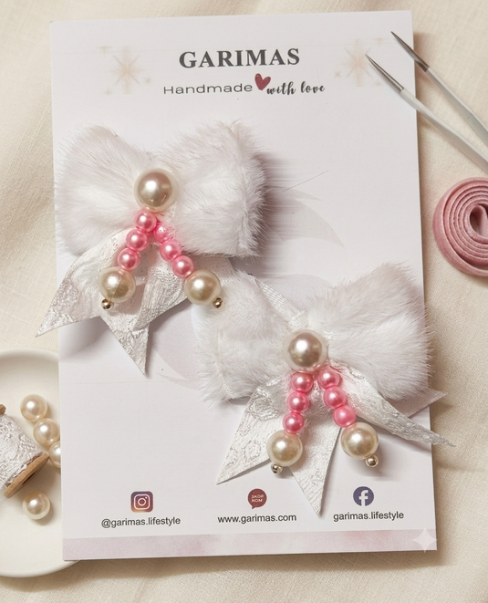 White Hair Clip Set for Girls Adorable Bow and Flower Designs Hair Pin Soft with Pearl Beads, Lightweight, and Stylish for Party