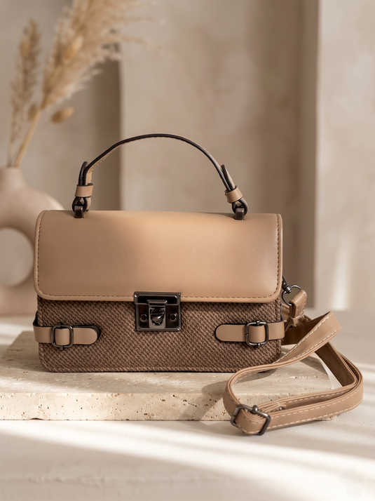 Tan & Brown Textured Top-Handle Handbag