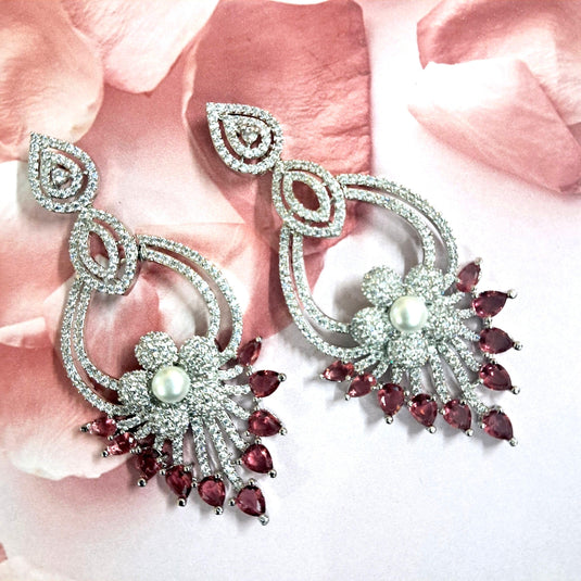 Pink American Diamond Studded Crystal Brass Drops & Danglers - Garimas