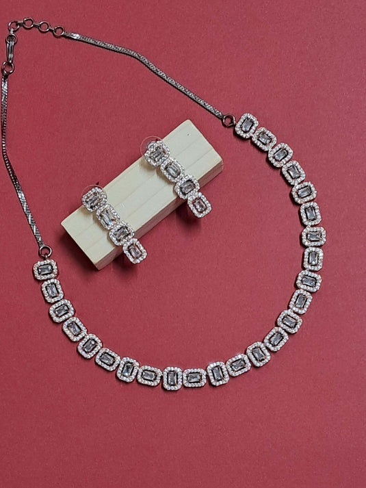 Black Rose Gold Plated American Diamond Necklace Sets With White Stone - Garimas