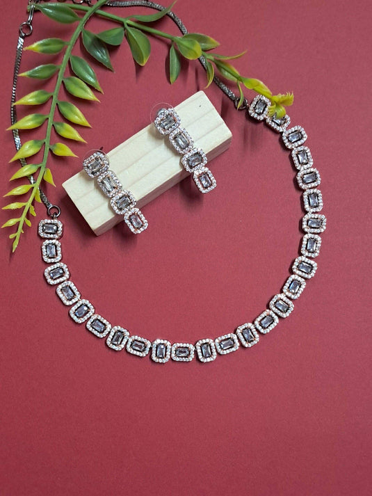 Black Rose Gold Plated American Diamond Necklace Sets With White Stone - Garimas
