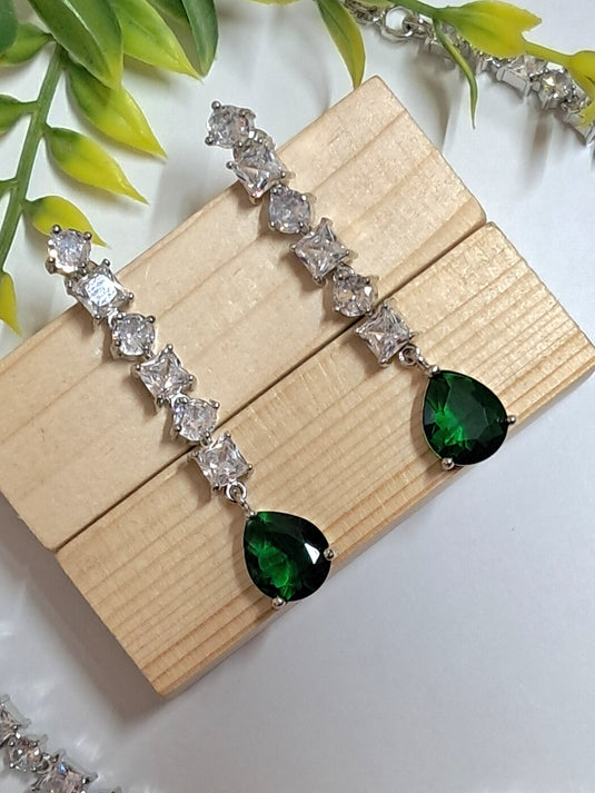 Silver Plated American Diamond Necklace Sets With Green Stone - Garimas