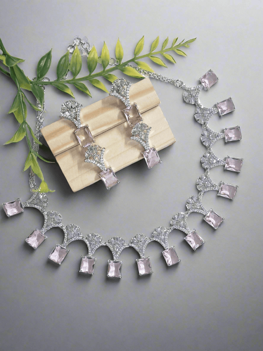 Silver Plated American Diamond Necklace Sets With Aqua Pink Stone