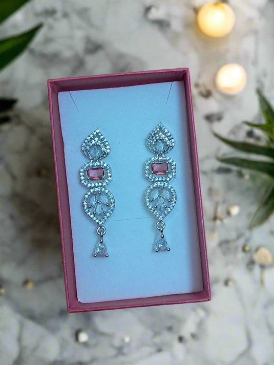 Pink Stone with American Diamond Drop Earring