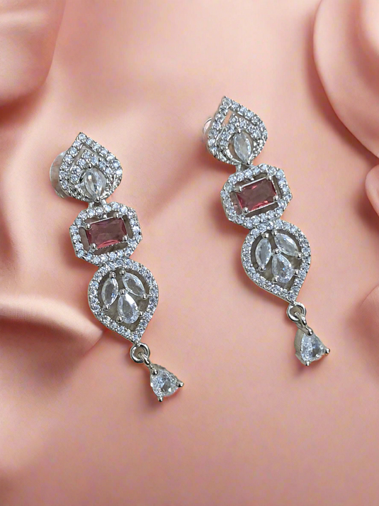 Pink Stone with American Diamond Drop Earring