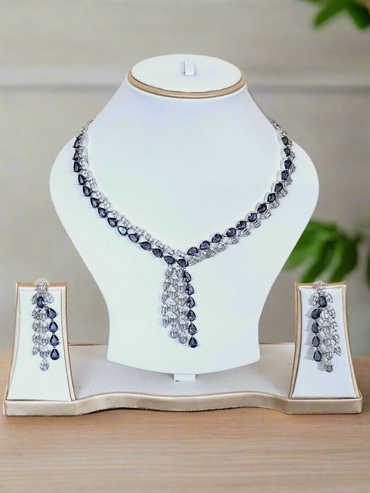 Silver Plated American Diamond Necklace Sets With Purple Stone