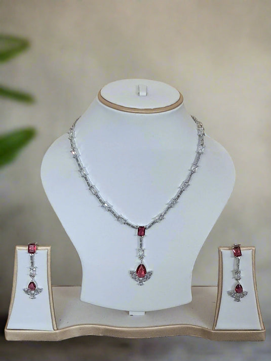 Silver Plated American Diamond Necklace Sets With Pink Stone