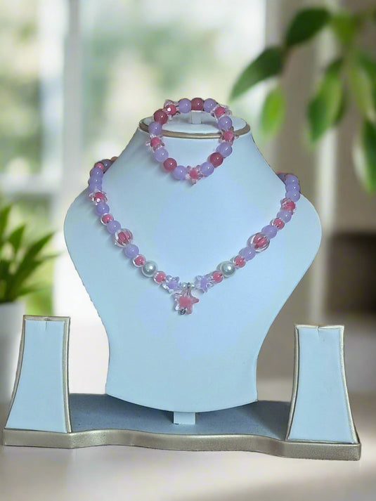 Purple and Pink Glass Beads Necklace and Bracelet Set for Girls