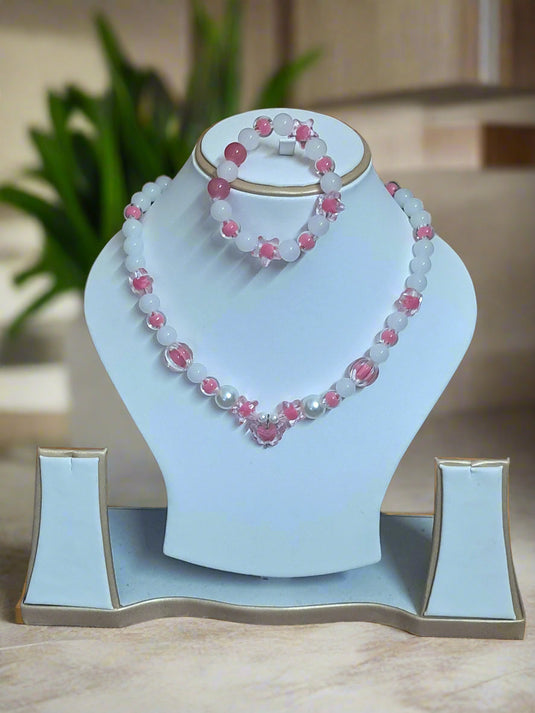 White Pink Glass Beads Necklace and Bracelet Set for Girls