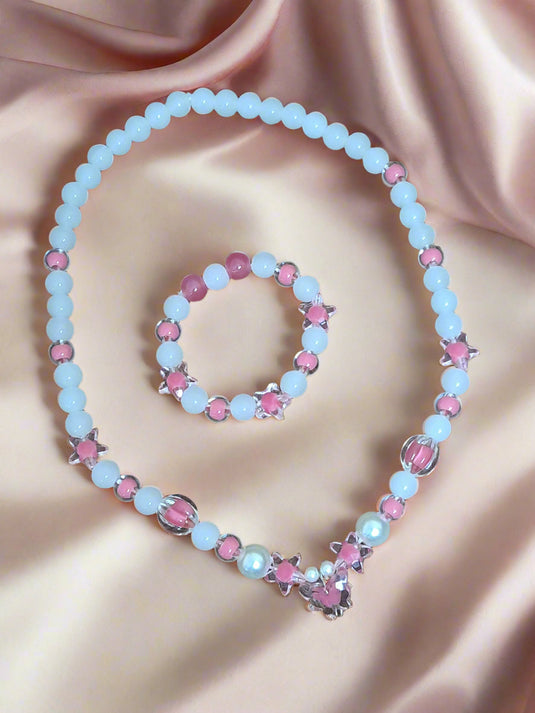 White Pink Glass Beads Necklace and Bracelet Set for Girls