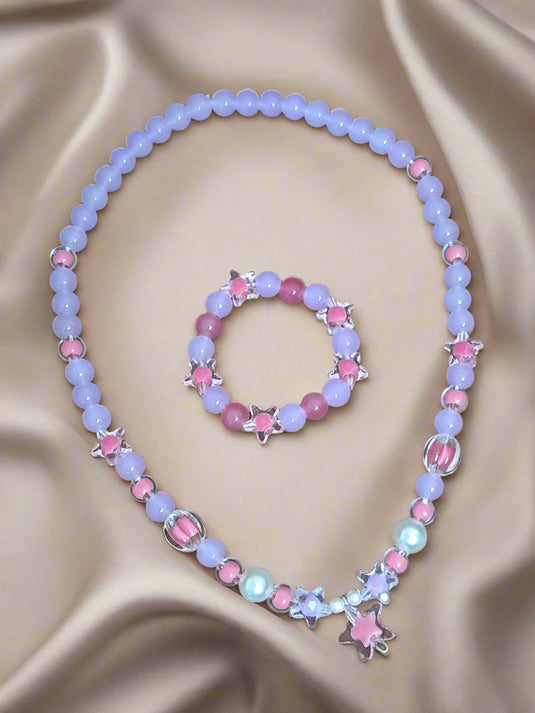 Purple and Pink Glass Beads Necklace and Bracelet Set for Girls