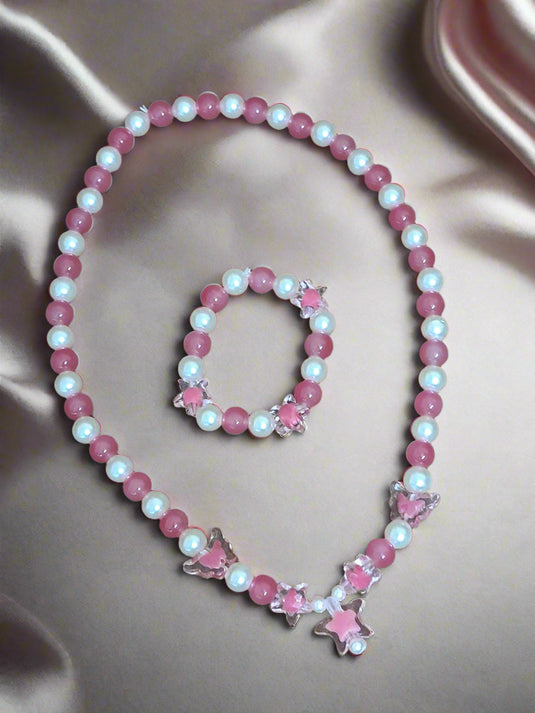 Pink Pearl Beads Necklace and Bracelet Set for Girls