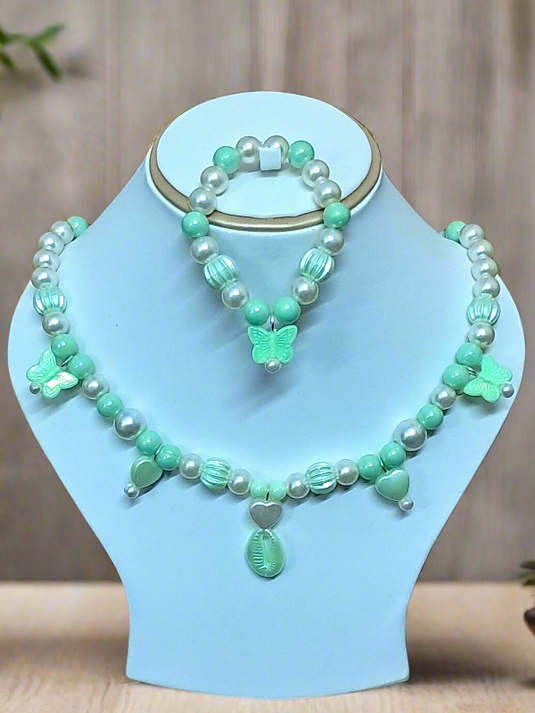 Green Pearl Beads Necklace and Bracelet Set for Girls
