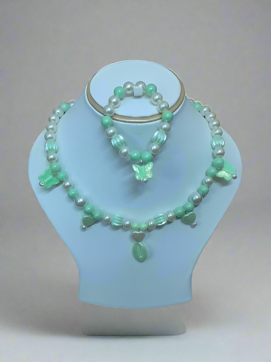Green Pearl Beads Necklace and Bracelet Set for Girls