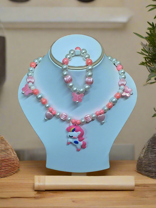 Pink Pearl Beaded Unicorn Necklace and Bracelet Set for Girls