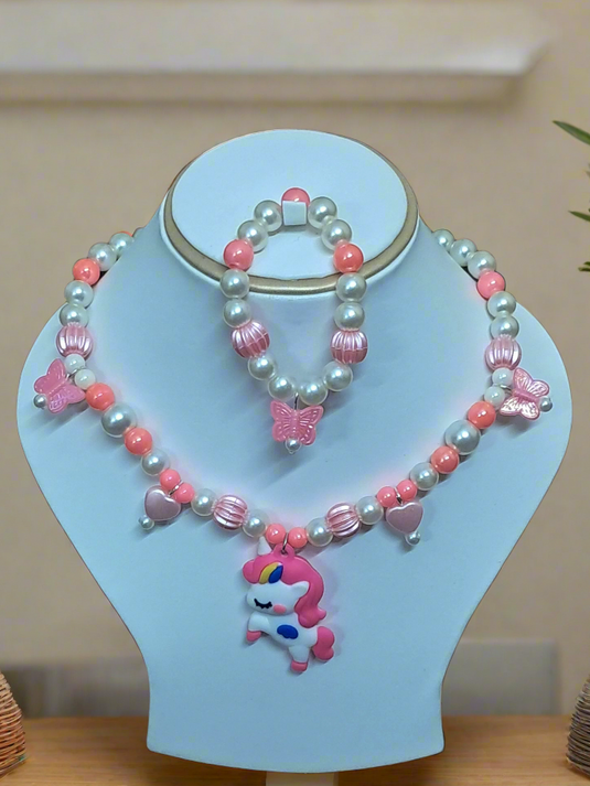 Pink Pearl Beaded Unicorn Necklace and Bracelet Set for Girls