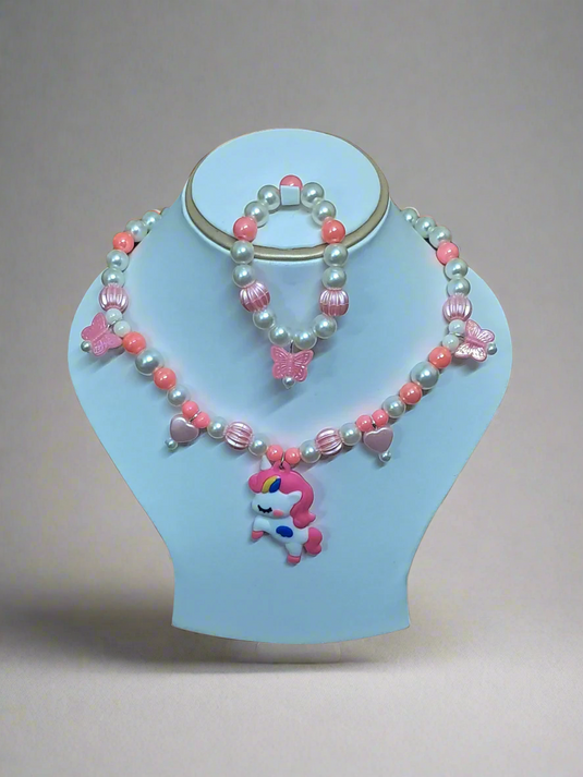 Pink Pearl Beaded Unicorn Necklace and Bracelet Set for Girls