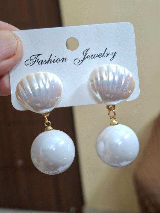 Iridescent Seashell & Faux Pearl Drop Earrings