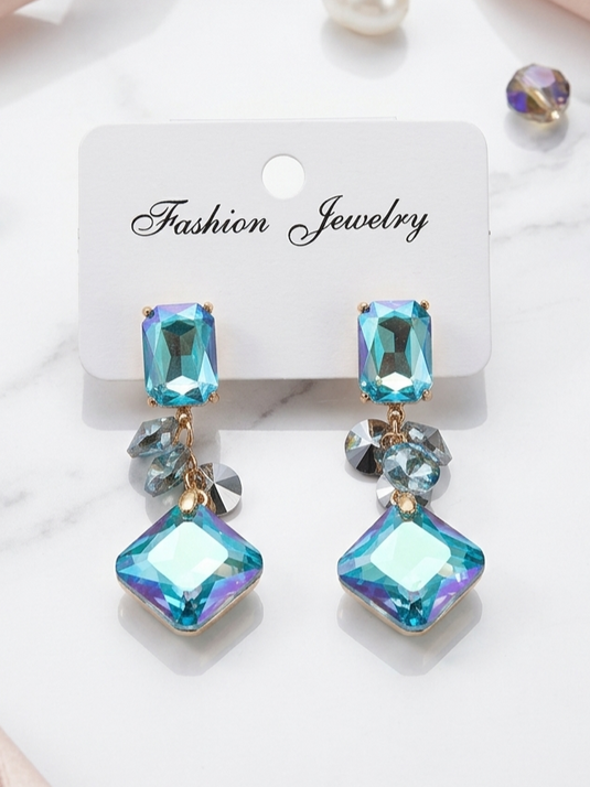 Crystal sky blue geometric statement drop earrings with iridescent faceted stones and gold-tone accents
