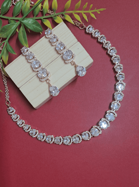 Rose Gold Plated American Diamond Necklace Sets With White Stone - Garimas