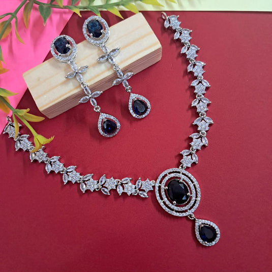 Silver Plated American Diamond Necklace Sets With Blue Stone - Garimas