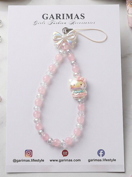 Pink Hello Kitty mobile charm features a beaded wrist strap adorned with an iridescent bow – product image | Garimas