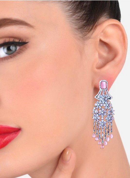 Aqua Pink Stone with American Diamond Earring